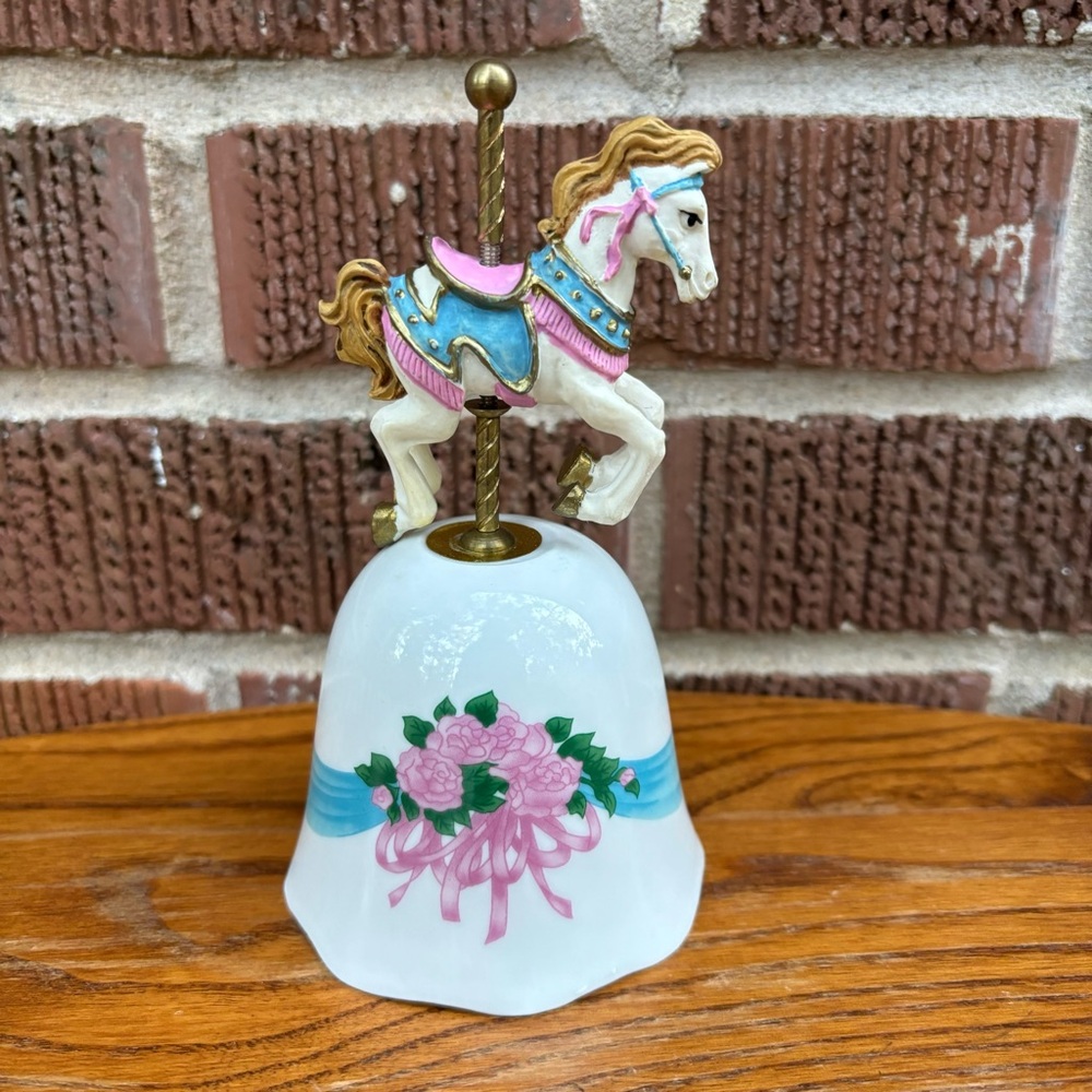 Vintage Carousel Topper Ceramic White Bell Blue Ribbon And Pink Roses